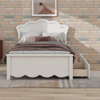 Lit plateforme en bois avec tête de lit fleurie et deux tiroirs Cadre de lit en bois élégant et fonctionnel