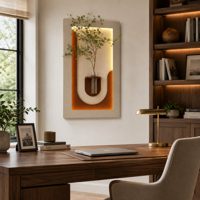 Indoor Plant-Inspired LED Wall Art with Glass Vase and Dimensional Light Coffee Design