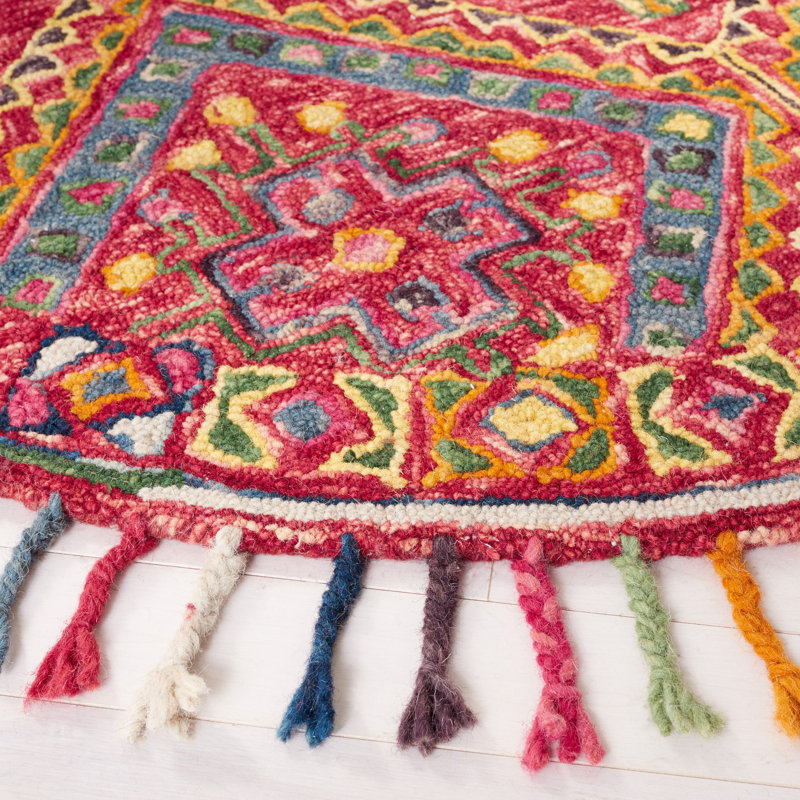 Tapis oriental en laine / coton touffeté à la main en rose / turquoise / brun / jaune, Rond 5 pi