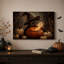 Toile murale d'Halloween représentant un chat noir portant un chapeau de sorcière et un fantôme lumineux-1448376828