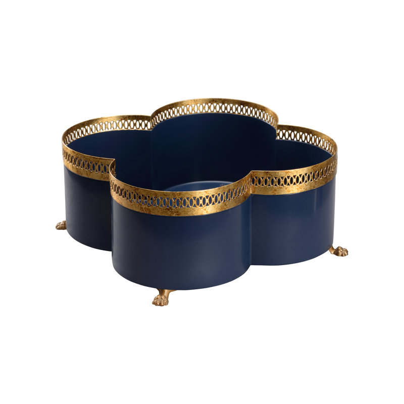Tracery Cachepot - Navy Blue (SM), Blue/Gold, 7" H x 14" W x 14" D