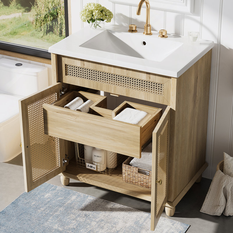 Bathroom Vanity With Handwoven Rattan Doors, Solid Wood Legs And Resin Basin For A Natural And Functional Bathroom Upgrade