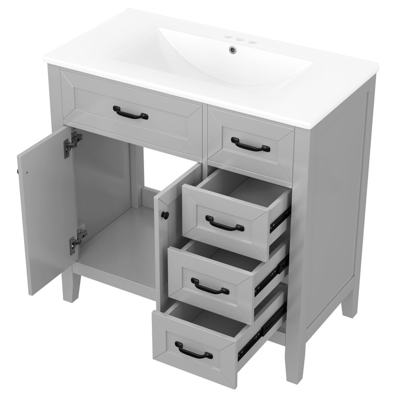 Meuble-lavabo de 36 po avec lavabo en céramique, armoire grise, structure en bois massif, fabrication et grands tiroirs pour les pièces de rangement,