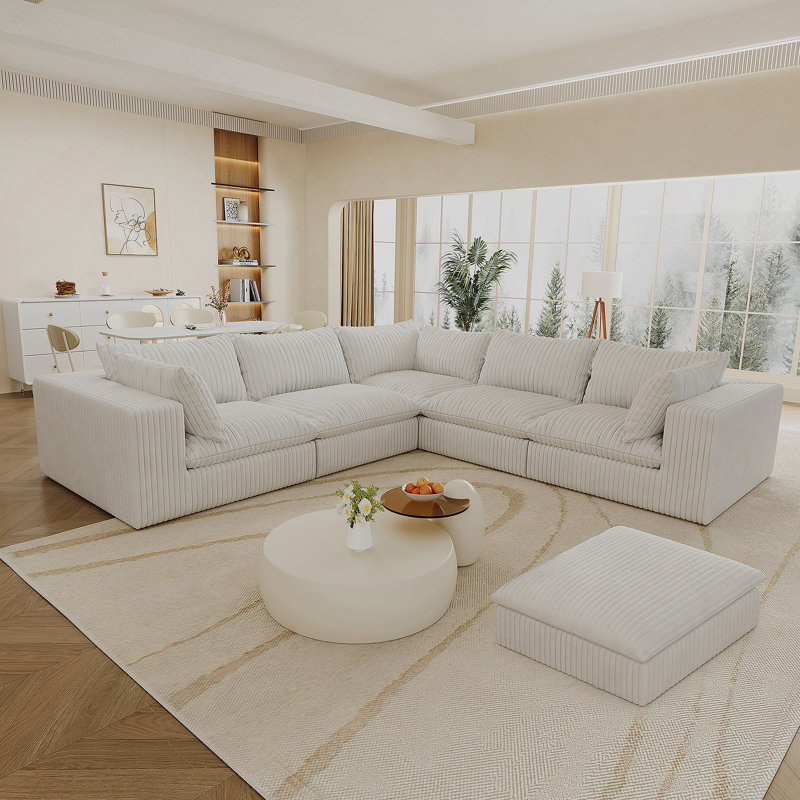 Canapé Cloud, tissu velours côtelé, sièges profonds, conception à deux couches, coussin amovible, Blanc