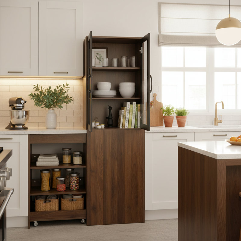 Grand garde-manger de 70,87 po avec 4 tablettes coulissantes, deux portes en verre, une armoire de rangement moderne en noyer pour la cuisine, la salle à manger ou le salon
