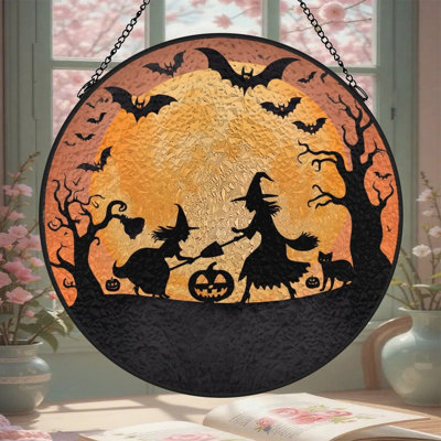 Sorcière, citrouille, lune, art, vitrail, panneaux, Suncatcher