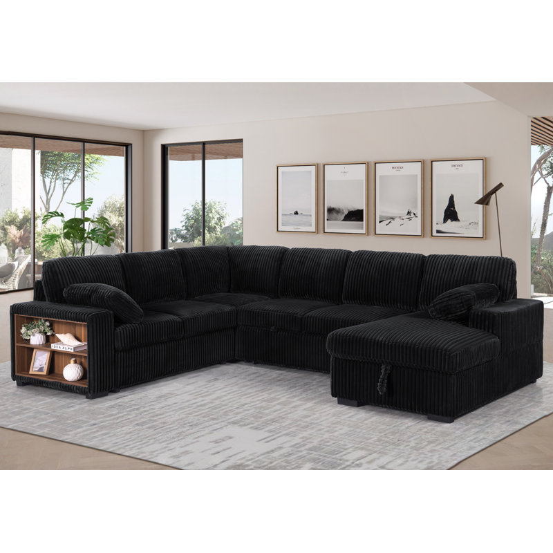 Shariff U-Shaped Corduroy Sectional Sofa with Pull-Out Bed, Storage Chaise Lounge & Open-Storage Armrest, Black Corduroy