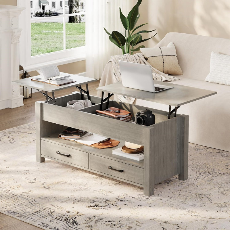 Table basse avec plateau relevable, table basse convertible avec plateau relevable en bois, 2 tiroirs et compartiment caché, table centrale avec rangement pour le bureau à domicile