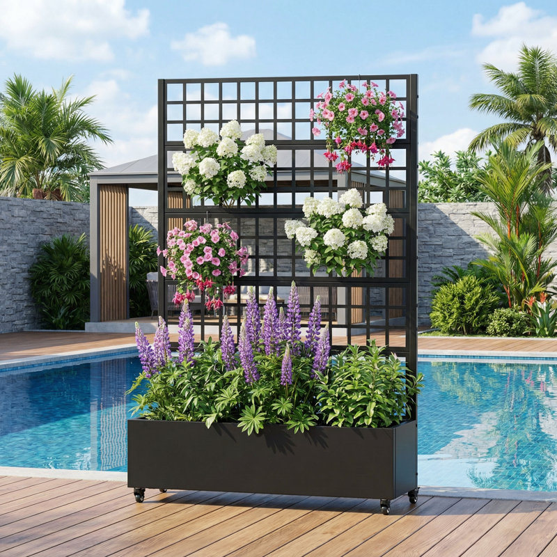 Boîte à fleurs en métal avec treillis et roues Conall, H 73 po x l 47 po x P 16 po, Noir
