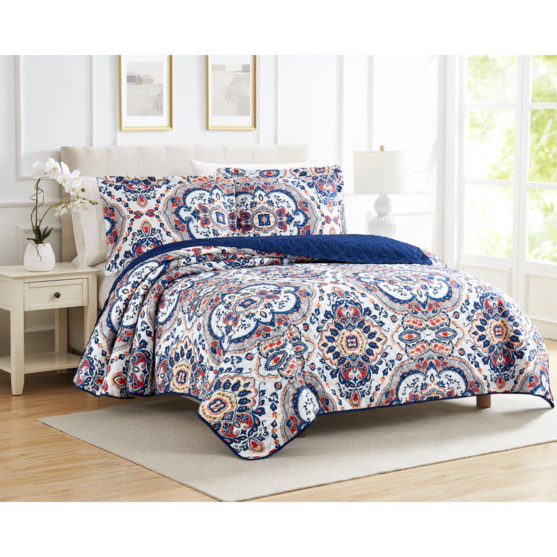 Ensemble de courtepointe réversible 3 pièces à motif cachemire bleu et blanc