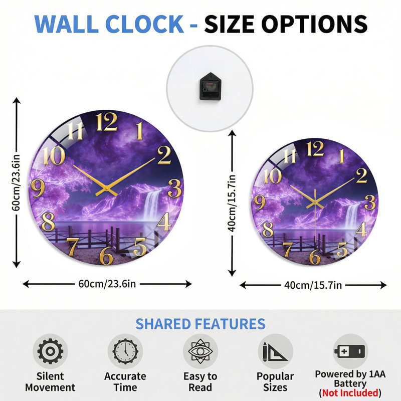 Horloge murale en verre mauve décorative moderne 15,7 po, 40 x 40 cm (15,7 x 15,7 pouces)