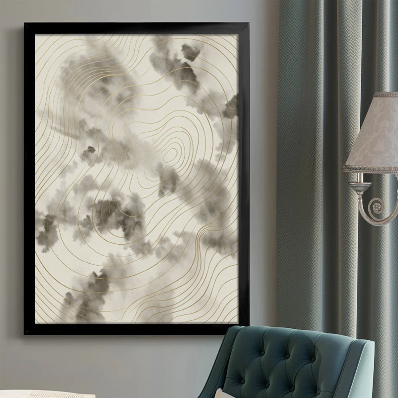 Abstrait moderne et abstrait Les tourbillons s'entrelacent avec des lignes dorées, créant une composition dynamique. [Style abstrait]. Toile encadrée 24 "x 36" avec cadre en bois noir