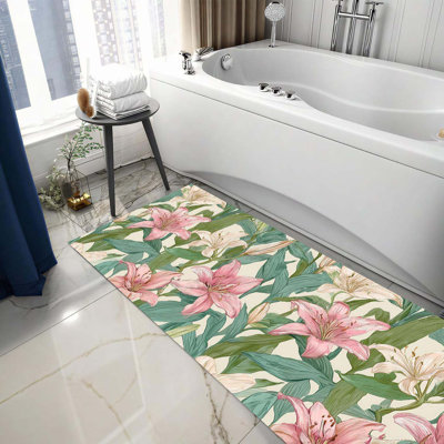 Floral Laundry Room Rug 18X47 Inch – Elegant Pink Lily Botanical Pattern Non Slip Runner Mat For Laundry Room, Kitchen, Entryway And Hallway Decor