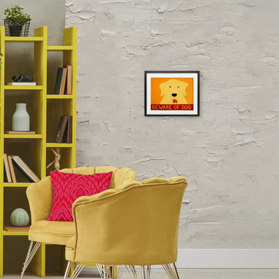 Beware Of Dog Yellow & Red Framed Print Under Glass, design by Stephen Huneck