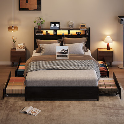 Bed Frame With 2-Tier Storage Headboard, Metal Platform Bed Frame With 4 Storage Drawers, Built In Charging Station And LED, Metal Support/No Box Spring Needed, Black