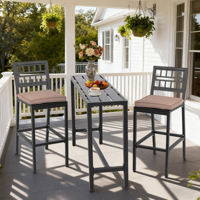 2-Person 47" Metal Patio Dining Set With Rectangular Table & Contoured Chairs, Cushions Included