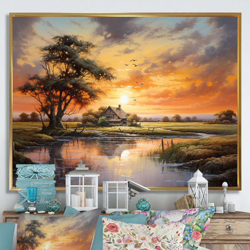 «Sunrise Autumn Country Panorama II», reproduction sur toile, Cadre flottant doré, H 16 po x l 32 po