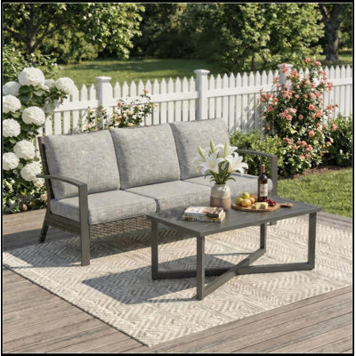 Sofa de patio avec table basse, canapé d'extérieur en osier avec coussins pour terrasse de piscine