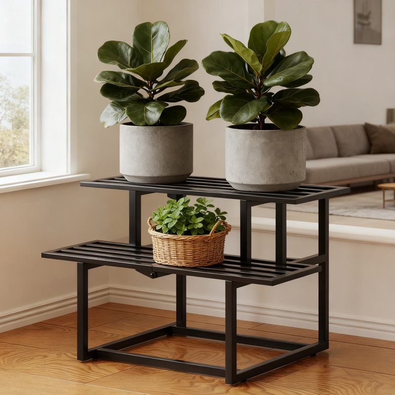 Support pour plante robuste en métal à 2 niveaux pour une utilisation intérieure et extérieure, tablette de présentation à lattes de capacité de charge de 330 lb pour le patio