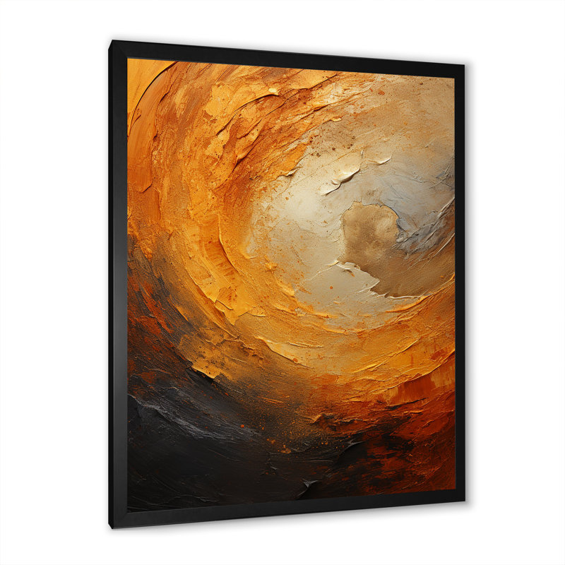 «Gold Orange Desert Mirage Spiral I», art mural abstrait en spirale, H 40 po x l 30 po x P 1,5 po, Cadre simple noir