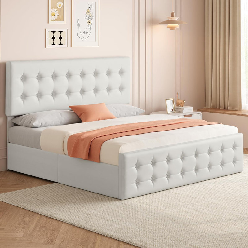 Bed Frame with Adjustable Headboard, Full, White