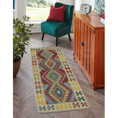 Kelyse Geometric Handmade Hand-Woven Runner 2'7'' x 6'4'' Wool Area Rug in Blue/Beige/Red
