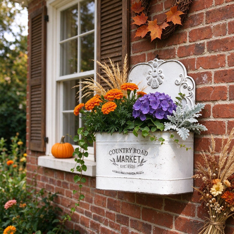 Jardinière murale vintage en métal pour plantes d'intérieur/d'extérieur, jardinière de style champêtre pour plantes et fleurs artificielles, décoration d'automne