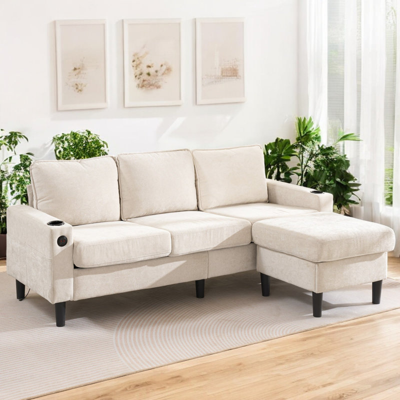 L-shaped Sofa Sectional With Usb, Cup Holder , Beige