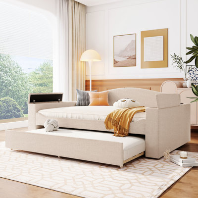 Beige Fleece Daybed With Armrest Storage And Twin Trundle, For Relaxed Living Upholstered In Beige, Trundle Audio Function