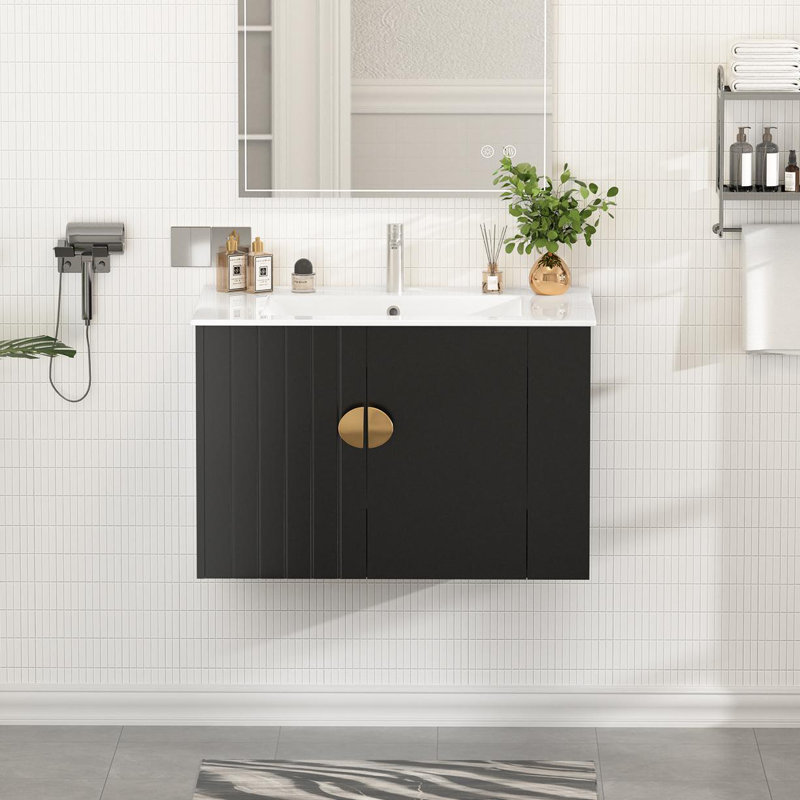 30"Floating Single Bathroom Vanity With Ceramic Top & Right Side Storage Cabinet, Black