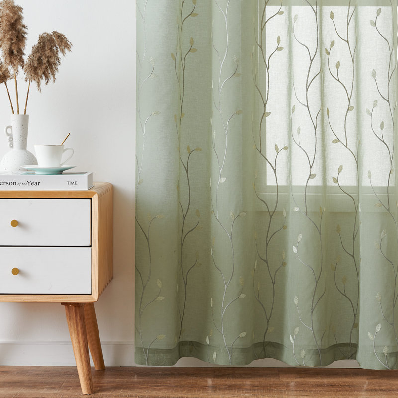 Rideaux transparents en lin brodé pour chambre à coucher, L 55 po x L 84 po, Vert