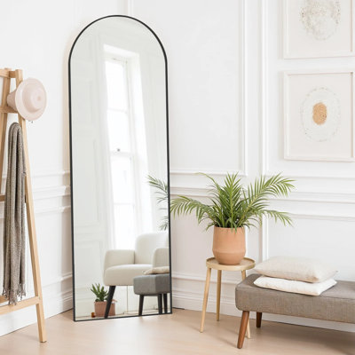 Miroir pleine longueur, miroir arqué de corps entier avec cadre en alliage d'aluminium et verre incassable, miroir de plancher incliné autoportant mural pour vestiaire de chambre à coucher