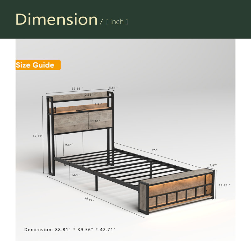 Twin Bed Frames , Headboard And Charging Station & LED Light For Bedroom, Solid And Stable, Noise Free, No Box Spring Needed, Easy Assembly