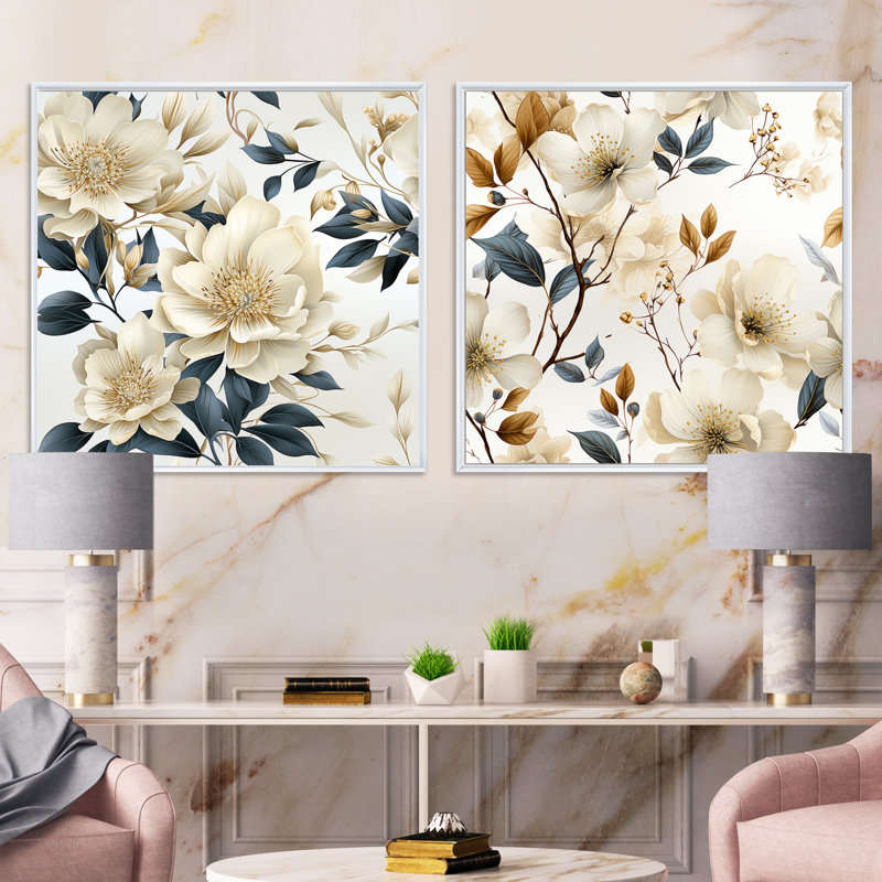 Meira - Ensemble de 2 collages carrés floraux, Cadre flottant blanc, H 36 po x l 73 po