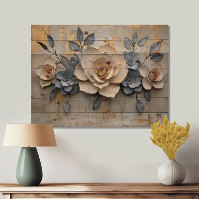 Minimalism Leave And Rose Petals Wreath - Roses Wood Print - On Natural Pine Wood