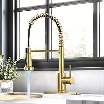 Gold Kitchen Faucets with Pull Down Sprayer  LED Light Single Handle 1 or 3 Holes Spring Kitchen Sink Faucet with Deck Plate for Farmhouse RV Vessel Basin