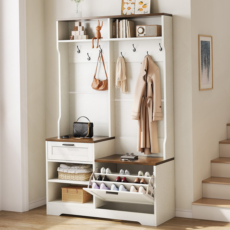 Hall Tree With Bench And Shoe Storage, 6-In-1 Entryway Organizer, 43.3" X 15.75" X 70.87", MDF Wood, Embossed White/Walnut Wood Grain Finish