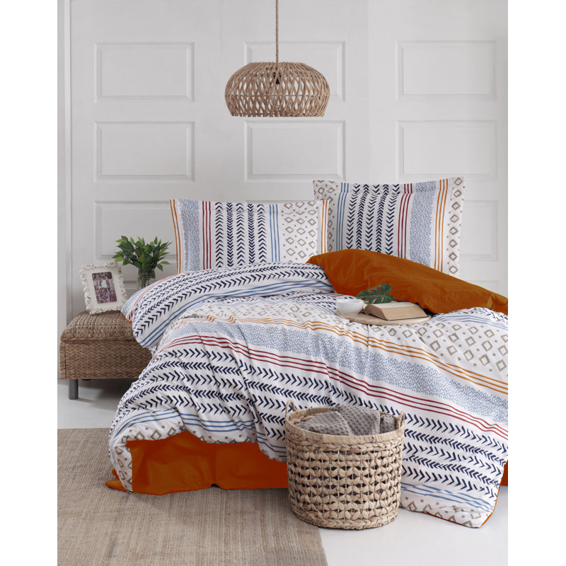 Ensemble de housse de couette 100% coton Boone blanc / orange / bleu, Housse de couette 94 po x 87 po + 2 taies d'oreill