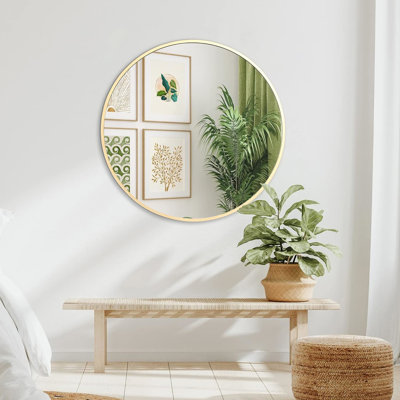 Miroir rond de 32 po avec cadre en métal doré pour salle de bain contemporaine - Verre HD, cadre rouillé, panneau de densité, quincaillerie renforcée, film incassable en aluminium brossé de 4 mm, pièces d'installation