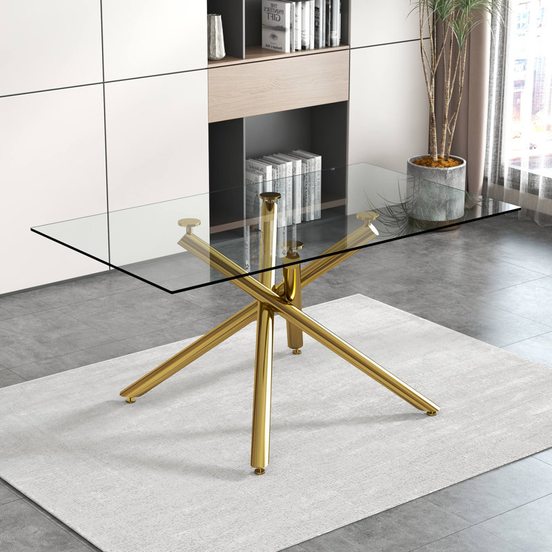 Large Modern Minimalist Rectangular Glass Dining Table with 0.39" Tempered Glass Tabletop and Chrome Metal Legs, for Kitchen Dining Living Meeting Room Banquet hall