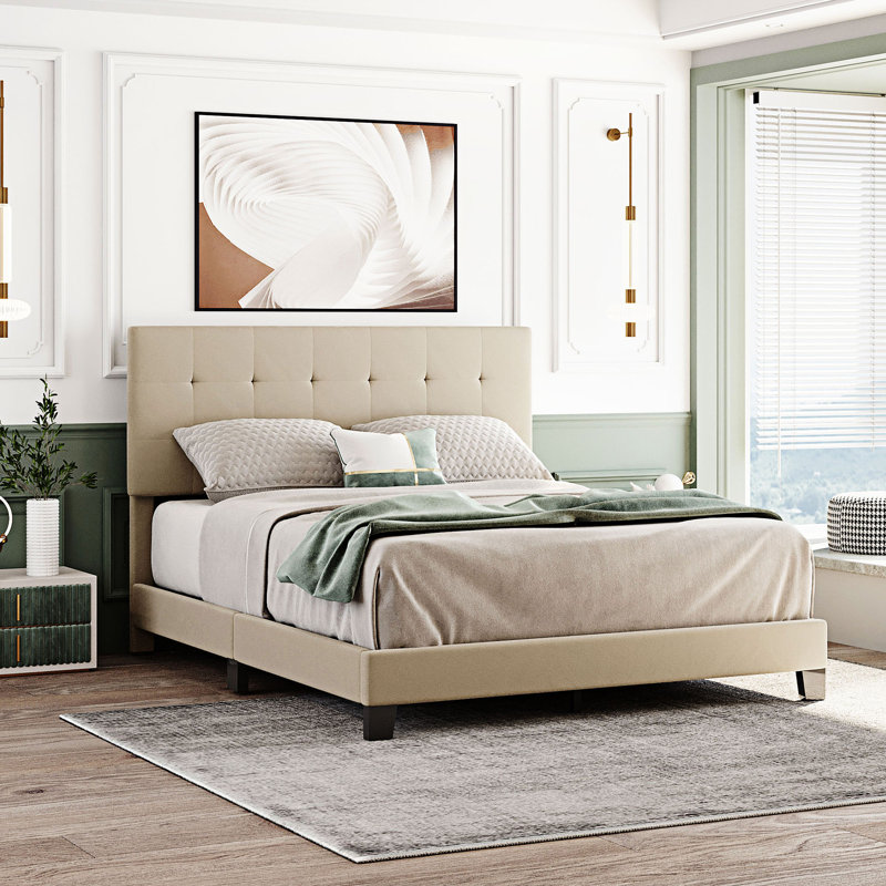 Upholstered Linen Unfinished Standard Bed, Beige