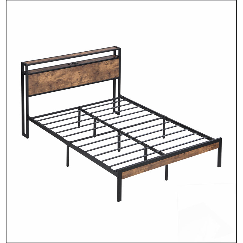 Structure de lit plateforme en métal robuste avec tête de lit, pied de lit et ports USB pour une commodité et un soutien modernes.