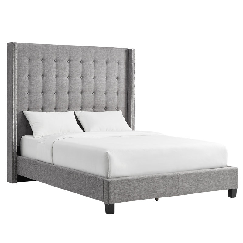 Kaster Upholstered Wingback Bed, Pewter Grey Linen, Queen
