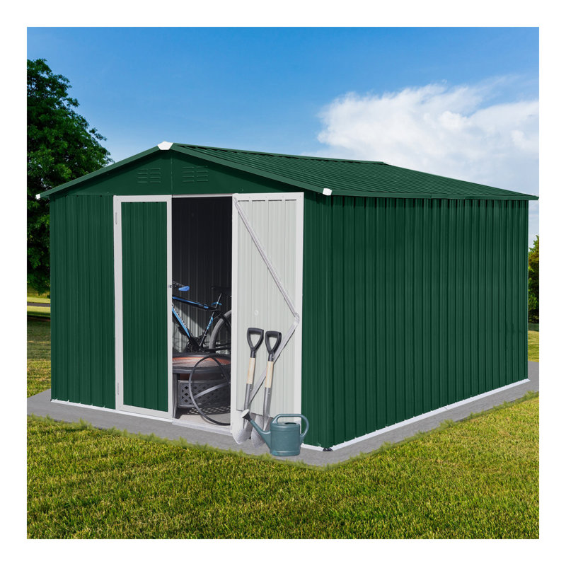 Abri de jardin en métal 10 pi x 8 pi avec rangement blanc et café, Vert