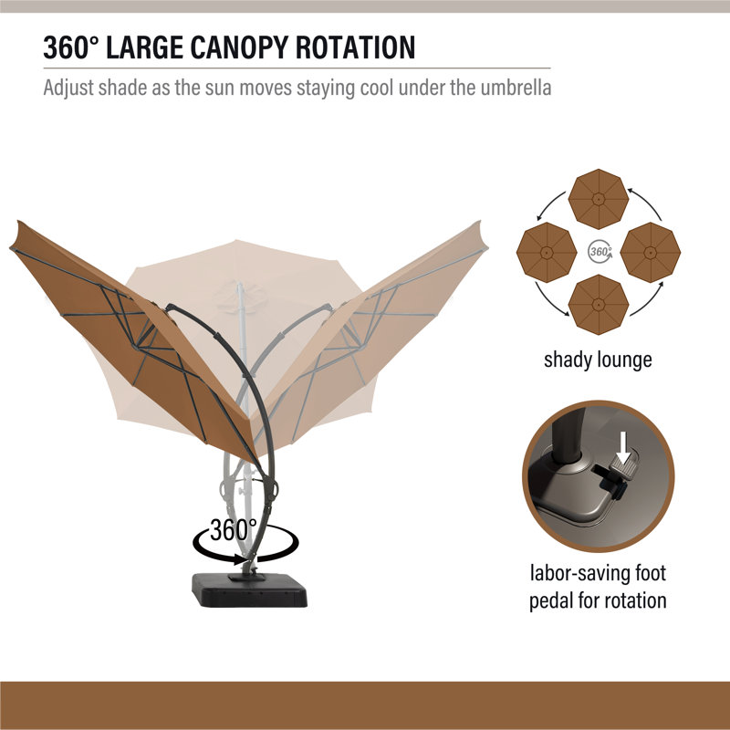 Tan 11 FT Cantilever Patio Umbrella with Base and 360° Rotation