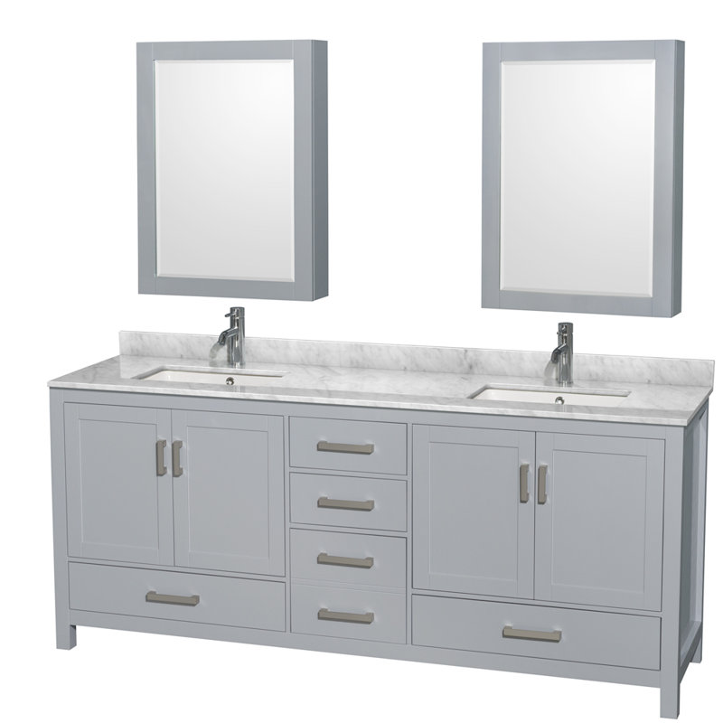 Double Vanity with Mirror, White Carrara Marble, Espresso, 80" W