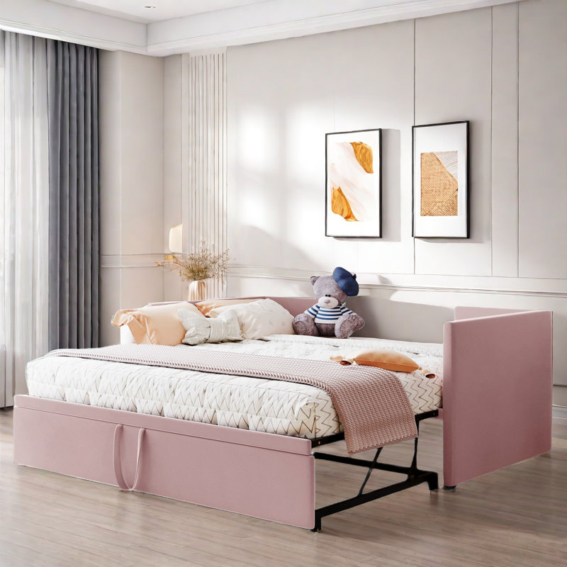 Upholstered Daybed With Pop Up Trundle, Pink