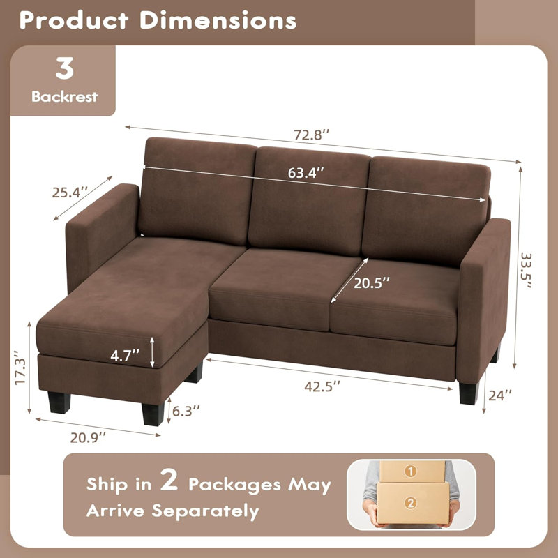 72" Upholstered Sofa Chaise, Brown