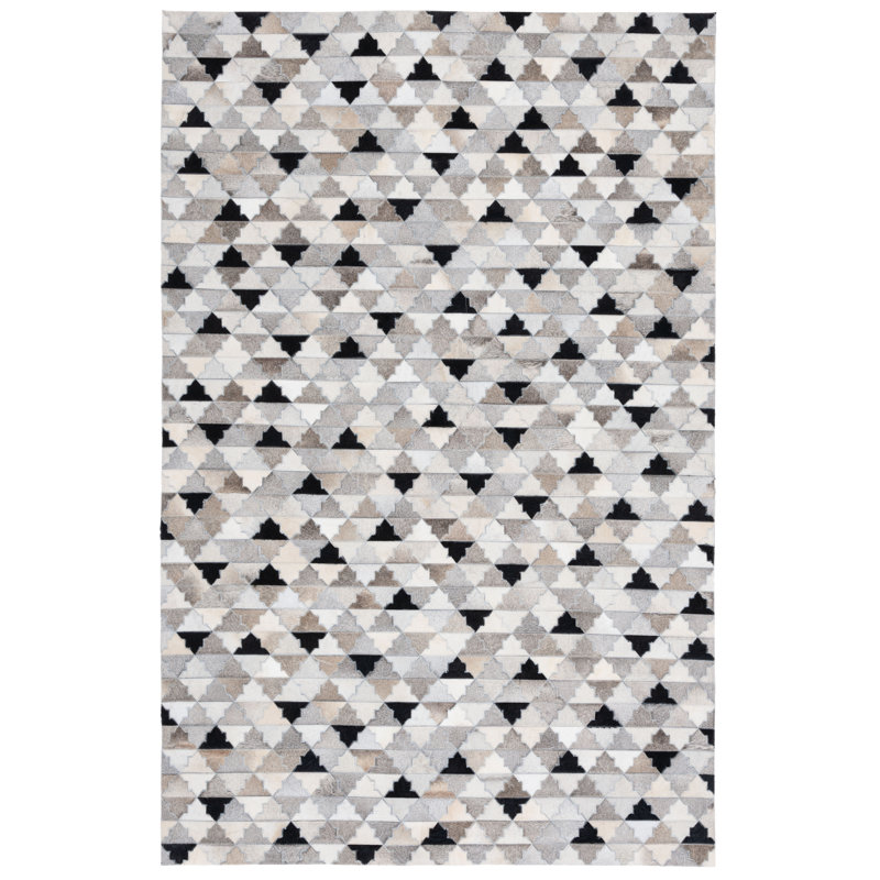 Gray and Black Geometric Flatweave Cowhide Rug, 5' x 8'
