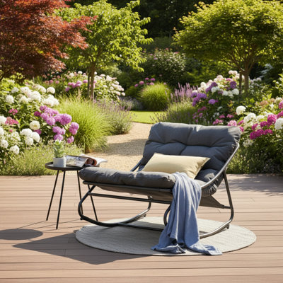 This Luxurious Indoor/Outdoor Patio Rocking Chair Features A Sturdy And Durable Metal Frame And Thick, Soft Cushions For Comfortable Sitting For Extended Periods. Perfect For Your Living Room, Porch, Or Backyard – One Chair To Suit All Your Relaxation Ne